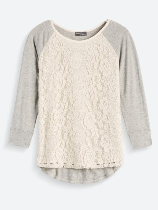 Market & Spruce Tops - Market & Spruce Bernadette Lace Overlay Raglan Top Medium Blouse Shirt Grey